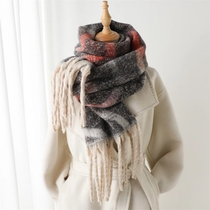 Chic rainbow plaid faux cashmere scarf with tassels, thick warm shawl for winter and fall