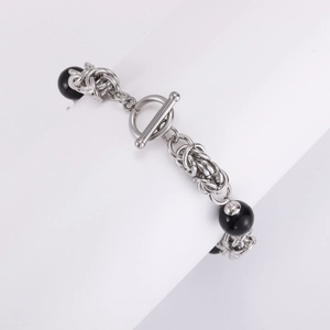 Silver stainless steel chain bracelet with obsidian beads and T-bar clasp design