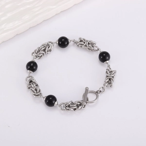 Byzantine chain bracelet with black obsidian beads and toggle clasp for men