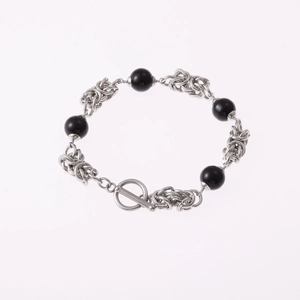 Titanium steel cross bracelet with black obsidian beads and toggle clasp for men