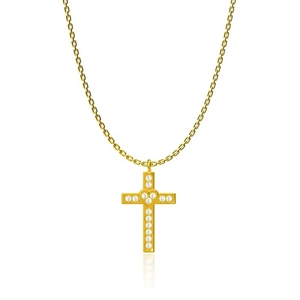 Close-up of golden cross necklace with heart motif and inlaid white rhinestones