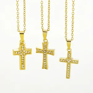 Sparkling gold cross pendant necklaces with zircon inlay on fine link chains