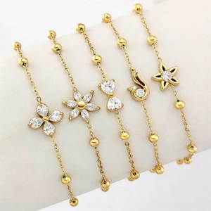 Elegant Zircon Flower Clover Bracelet Titanium Steel Gold Plated Adjustable Beaded Chain Jewelry For Women
