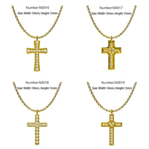 Four sparkling gold cross necklaces with zircon inlays in different elegant styles
