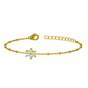 Detail of gold four-leaf clover bracelet featuring marquise-cut zircon and lobster clasp
