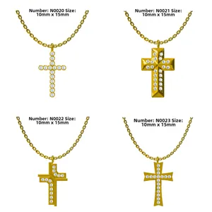 Detailed size comparison of four gold cross necklaces with sparkling cubic zirconia