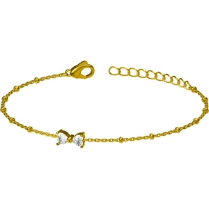 Close-up of golden bow bracelet with heart-shaped crystals and delicate bead chain links