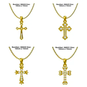 Detailed size chart of gold cross necklaces with zircon inlays and dimensions