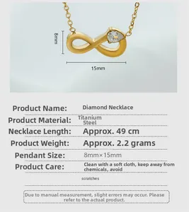 Detailed view of infinity symbol pendant with zircon and necklace specifications table