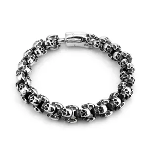 Vintage punk skull link bracelet for men in retro silver stainless steel finish