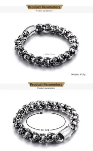 Detail view of 12mm gothic skull bracelet in titanium steel with measurements