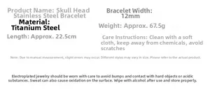 Specifications for the retro skull steel bracelet showing size 22.5cm and maintenance tips
