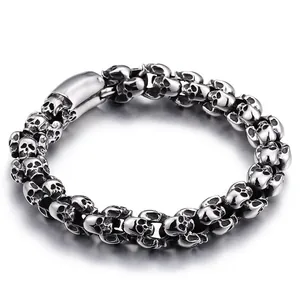 Vintage Stainless Steel Skull Head Bracelet Men Punk Gothic Style Oxidized Titanium Steel Link Chain Jewelry