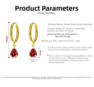 Detail specifications of gold teardrop earrings with red zircon and stainless steel
