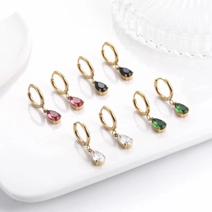 Teardrop Zircon Dangle Hoop Earrings Stainless Steel Colorful Pear Cut Stone Elegant Jewelry For Women