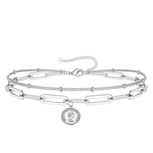 Bracelet double rang argenté avec chaînes trombone et billes et pendentif pièce