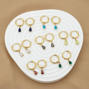 Fashionable gold hoop earrings with colorful teardrop zircons in seven vibrant colors