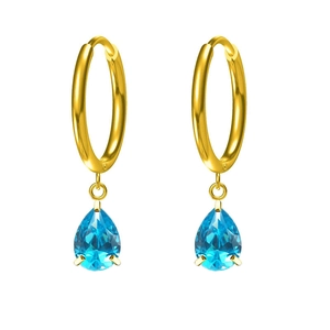 Gold stainless steel hoop earrings with teardrop blue zircon charms in a minimal style