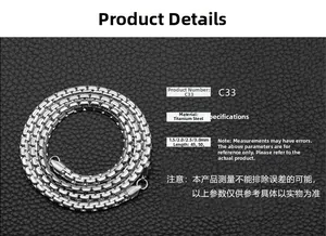 Macro view of silver titanium steel box chain showing various thickness options on black leather