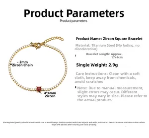 Detailed view of gold stainless steel bracelet with square red zircon and size chart