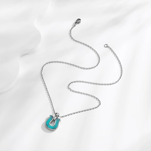 Minimalist stainless steel necklace featuring a turquoise U-shaped horseshoe pendant on a silver chain