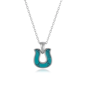 Minimalist silver stainless steel horseshoe necklace with turquoise stone pendant inlay