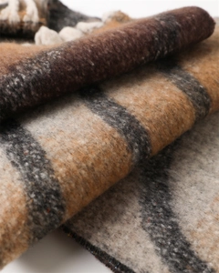 Close-up of thick rainbow plaid scarf featuring brown beige tassels and soft brushed texture