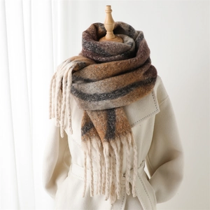 Rainbow plaid cashmere-feel winter scarf with decorative tassels in earth tones