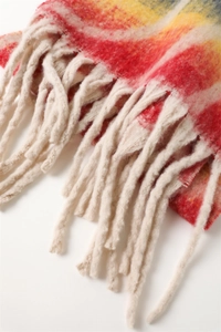 Detail of rainbow plaid scarf with soft cashmere-like texture and beige woven fringe