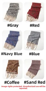 Detail display of wavy knit scarves in six colors with long tassels for winter