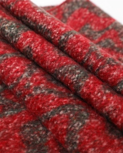 Detail shot of color-blocked geometric knit scarf with soft faux cashmere fiber texture