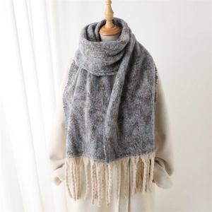 Gray-blue cashmere-like scarf with minimalist geometric texture and off-white tassels