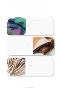 Detail showing high-quality wool rich fabric texture and fringe on geometric scarf