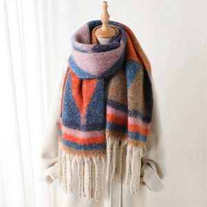 Winter geometric color-block thick shawl with tassels on a white wool coat