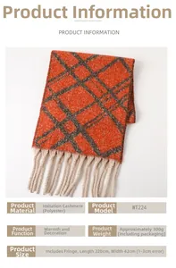 Detail view of plaid scarf with tassels, 220x42cm size, weighing 300g for winter warm