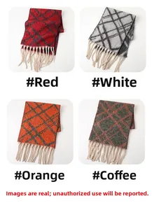Detail showing four multi-color plaid scarves with thick tassels in 2x2 grid layout