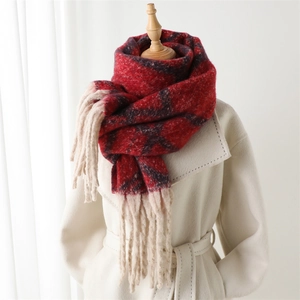 Classic red and navy plaid scarf with tassels, thick warm knit cashmere-like wrap scarf