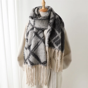 Classic gray and black plaid winter scarf with fringe tassels for casual wear