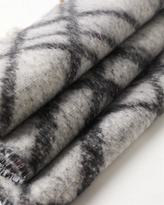 Close-up of grey and black checkered faux cashmere scarf showing soft texture and fringes