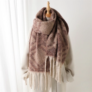 Écharpe D'Hiver Longue Épaisse Polyester Imitation Cachemire Douce Chaude Motif Géométrique À Franges Pour Femmes
