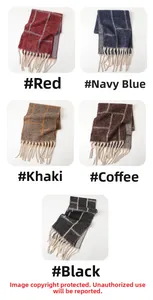 Classic checkered scarves with fringes shown in red, navy, khaki, coffee, and black tones
