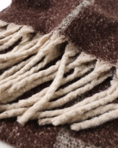 Macro detail of classic plaid cashmere-like scarf showing soft texture and beige fringes