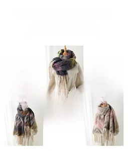 Detailed close-up of thick colorful zigzag pattern winter scarf with tassel trim
