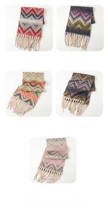 Detailed grid of zigzag pattern cashmere-feel scarves with fringed tassels in five colors