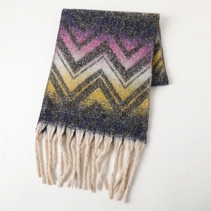 Detailed view of zigzag pattern scarf with soft tassels in purple and mustard yellow