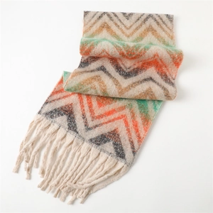 Detail of zigzag knit pattern and long tassels on a colorful winter cashmere scarf