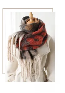 Detail of multi-color thick knit scarf with abstract pattern and soft fringe edges