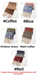 Detailed grid display of five colorful leopard print scarves with soft tassel trim details