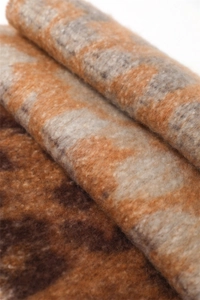 Close-up of thick leopard print scarf with soft mohair texture and fluffy fringe detail
