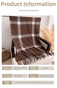 Detail of soft brown plaid scarf with tassels displayed on a cozy beige armchair